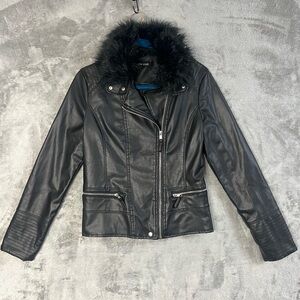 New Look Black Faux Leather Moto Jacket w/ Faux Fur Collar Size M